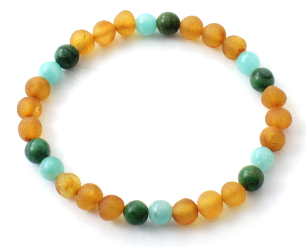 Baltic Amber Raw Honey Stretch Bracelet With Green African Jade and Amazonite