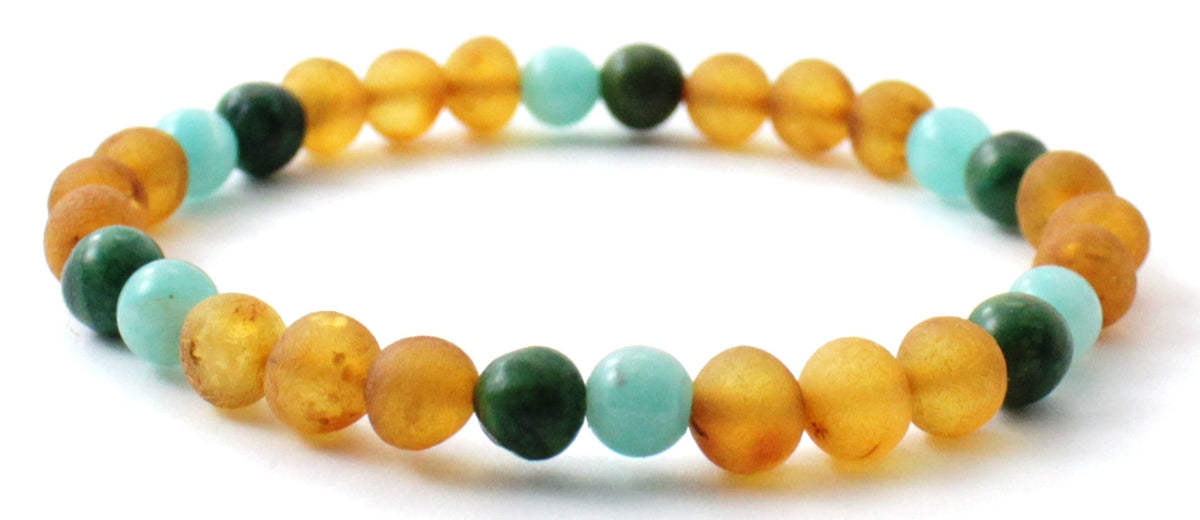Baltic Amber Raw Honey Stretch Bracelet With Green African Jade and Amazonite