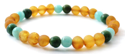 Baltic Amber Raw Honey Stretch Bracelet With Green African Jade and Amazonite