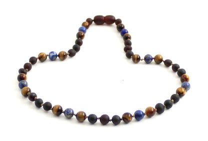 Amber Cherry Raw, Lapis Lazuli and Tiger's Eye Necklace